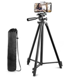 torjim phone tripod, 50-inch extendable and lightweight aluminum tripod stand with phone clip, portable travel tripod for photography, video recording, vlogging, and more