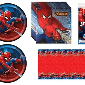 Unique Spiderman Party Supplies Bundle for 16 includes Plates, Napkins, Table Cover