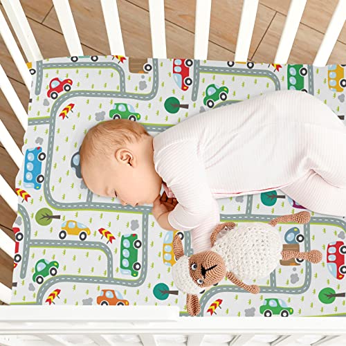 Cartoon Car Crib Sheets for Baby Soft and Breathable Baby Crib Sheets Machine Washable Playard Fitted Sheet for Boy Girl