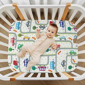 Cartoon Car Crib Sheets for Baby Soft and Breathable Baby Crib Sheets Machine Washable Playard Fitted Sheet for Boy Girl