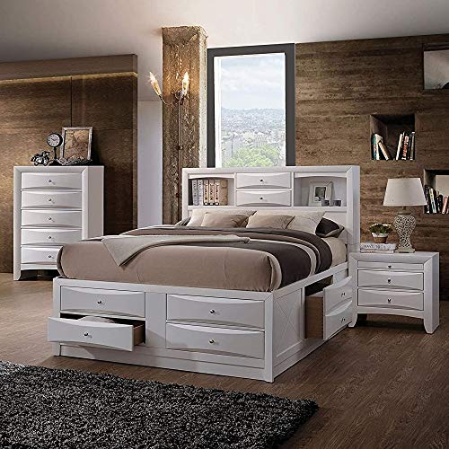 HABITRIO Queen Bed with Storage, Solid Wood Queen Size Bed Frame with Headboard (2 Bookcase, 2 Drawers), Footboard (4 Drawers), Rail with 2 Drawers, Wooden Slat, No Box Spring Needed, White