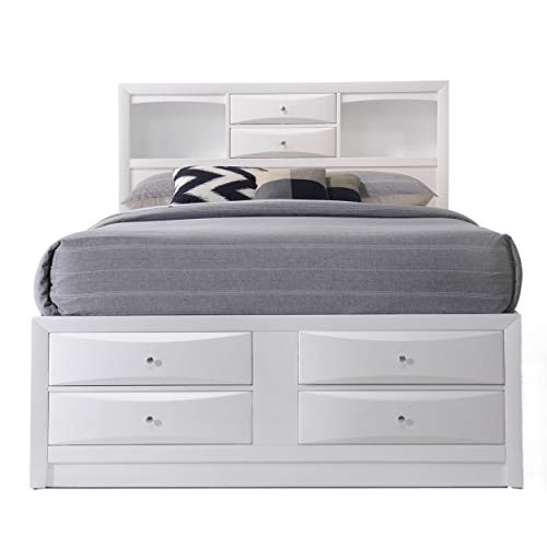 HABITRIO Queen Bed with Storage, Solid Wood Queen Size Bed Frame with Headboard (2 Bookcase, 2 Drawers), Footboard (4 Drawers), Rail with 2 Drawers, Wooden Slat, No Box Spring Needed, White