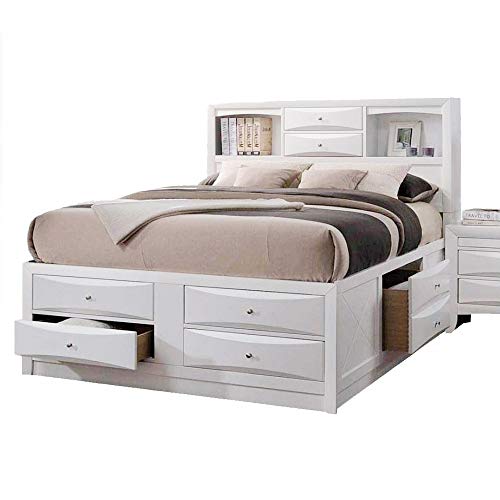 HABITRIO Queen Bed with Storage, Solid Wood Queen Size Bed Frame with Headboard (2 Bookcase, 2 Drawers), Footboard (4 Drawers), Rail with 2 Drawers, Wooden Slat, No Box Spring Needed, White