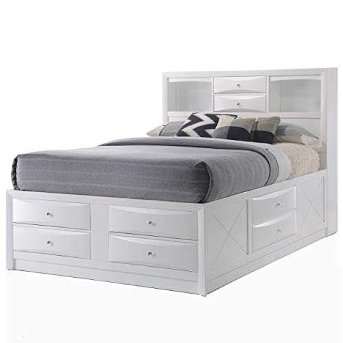 HABITRIO Queen Bed with Storage, Solid Wood Queen Size Bed Frame with Headboard (2 Bookcase, 2 Drawers), Footboard (4 Drawers), Rail with 2 Drawers, Wooden Slat, No Box Spring Needed, White