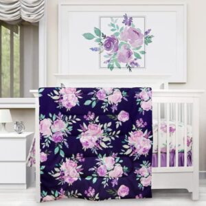 tanofar 5 piece crib bedding set for girls, baby nursery crib bedding set, purple flower minky blanket, crib skirt, quilt, crib sheet and diaper stacke,crib bedding set for girls