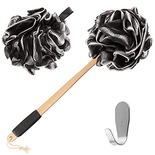 Loofah Back Scrubber | Bamboo Charcoal Infused Shower Scrubber | Bath-Sponge | Exfoliating Lufa Body Scrubber for Men & Women | Includes 1 Loofah on a Stick,1 Luffa Pouf and 1 Hook to Hang Loufa-Black