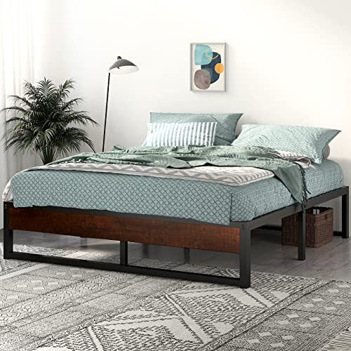 SHA CERLIN 14'' King Size Metal Platform Bed Frame with Rustic Wood & Reverse Holes/Ample Under-Bed Storage Space/Mattress Foundation/No Box Spring Needed/Easy Assembly/Noise Free, Metal Slats