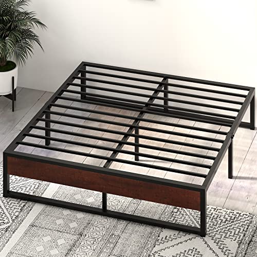 SHA CERLIN 14'' King Size Metal Platform Bed Frame with Rustic Wood & Reverse Holes/Ample Under-Bed Storage Space/Mattress Foundation/No Box Spring Needed/Easy Assembly/Noise Free, Metal Slats