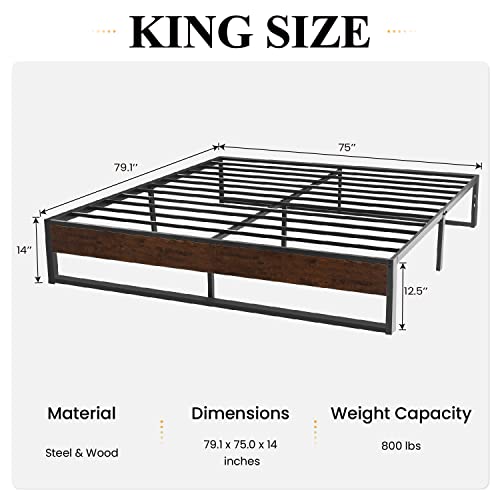 SHA CERLIN 14'' King Size Metal Platform Bed Frame with Rustic Wood & Reverse Holes/Ample Under-Bed Storage Space/Mattress Foundation/No Box Spring Needed/Easy Assembly/Noise Free, Metal Slats