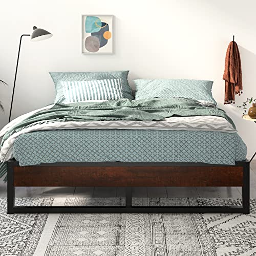 SHA CERLIN 14'' King Size Metal Platform Bed Frame with Rustic Wood & Reverse Holes/Ample Under-Bed Storage Space/Mattress Foundation/No Box Spring Needed/Easy Assembly/Noise Free, Metal Slats