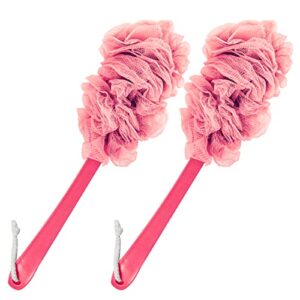 2pack back scrubber for shower，pipuha loofah sponge shower brush using body exfoliating with long handle, loofah on a stick for men women, bathing accessories for body brushes (red and red)