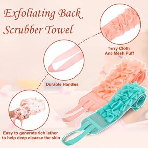 2 Pack Exfoliating Back Scrubber Double Sided Exfoliating Cloth with Strap Long Body Scrub Sponge Shower Loofah with Handle for Women Men Deep Clean Body Washing (Pink, Blue, Soft Cloth)