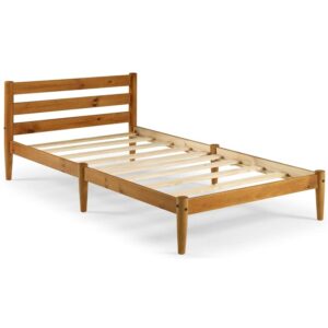 Mid-Century Modern Platform Bed/Solid Wood/Slat Headboard/Mattress Foundation of 10 Wood Slats - No Box Spring Needed/Easy Assembly, Mult. Colors, Twin (Castanho)
