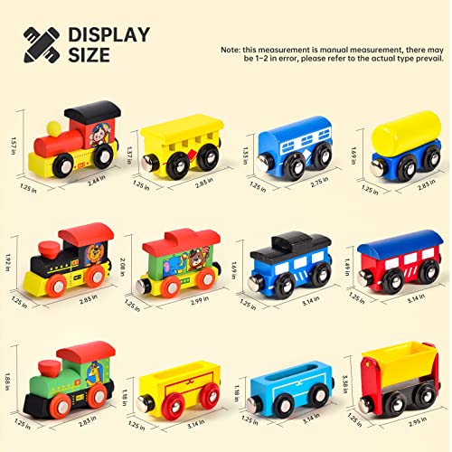 Latocos 12 Pcs Wooden Train Cars Set Toddlers Magnetic Train Toys Kids Boys Girls 3 Engines Vehicle Cars Montessori Educational Toys for Age 3 4 5 6