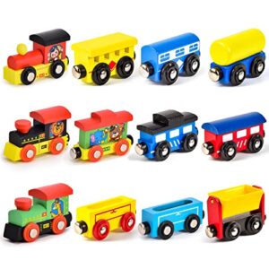 latocos 12 pcs wooden train cars set toddlers magnetic train toys kids boys girls 3 engines vehicle cars montessori educational toys for age 3 4 5 6