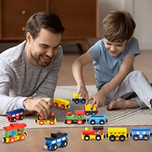 Latocos 12 Pcs Wooden Train Cars Set Toddlers Magnetic Train Toys Kids Boys Girls 3 Engines Vehicle Cars Montessori Educational Toys for Age 3 4 5 6