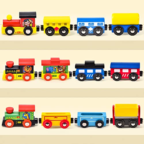 Latocos 12 Pcs Wooden Train Cars Set Toddlers Magnetic Train Toys Kids Boys Girls 3 Engines Vehicle Cars Montessori Educational Toys for Age 3 4 5 6