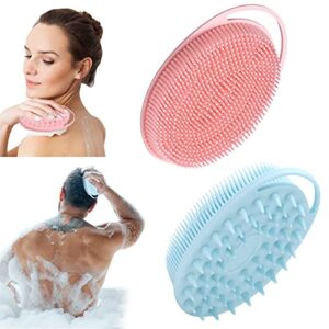 2 pack silicone body scrubber, 2 in 1 bath and shampoo brush, soft silicone loofah for sensitive skin, double-sided body brush for men women, lathers well, gentle exfoliating (blue, pink)