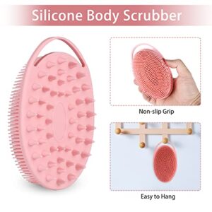 2 Pack Silicone Body Scrubber, 2 in 1 Bath and Shampoo Brush, Soft Silicone Loofah for Sensitive Skin, Double-Sided Body Brush for Men Women, Lathers Well, Gentle Exfoliating (Blue, Pink)