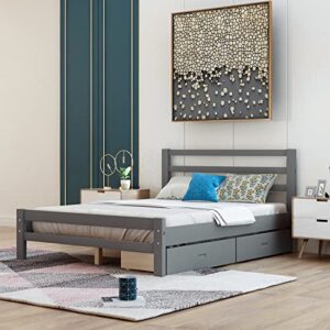 lostcat full size bed frame with storage and headboard,wood slats support,solid pinewood bedframe, no box spring needed,for boys/girls/adult bedroom,gray