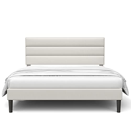 BONSOIR Bed Frame Modern Horizontal Panel Upholstered Low Profile Platform with Tufted Headboard/No Box Spring Needed/No Bed Skirt Needed/Linen Fabric Upholstery/Beige (Queen Size)