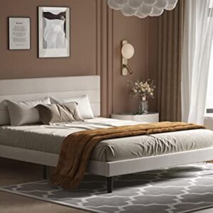 BONSOIR Bed Frame Modern Horizontal Panel Upholstered Low Profile Platform with Tufted Headboard/No Box Spring Needed/No Bed Skirt Needed/Linen Fabric Upholstery/Beige (Queen Size)