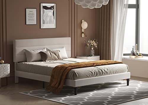 BONSOIR Bed Frame Modern Horizontal Panel Upholstered Low Profile Platform with Tufted Headboard/No Box Spring Needed/No Bed Skirt Needed/Linen Fabric Upholstery/Beige (Queen Size)