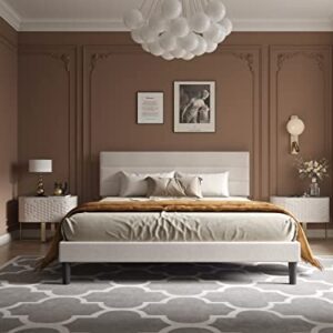 BONSOIR Bed Frame Modern Horizontal Panel Upholstered Low Profile Platform with Tufted Headboard/No Box Spring Needed/No Bed Skirt Needed/Linen Fabric Upholstery/Beige (Queen Size)