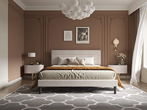 BONSOIR Bed Frame Modern Horizontal Panel Upholstered Low Profile Platform with Tufted Headboard/No Box Spring Needed/No Bed Skirt Needed/Linen Fabric Upholstery/Beige (Queen Size)