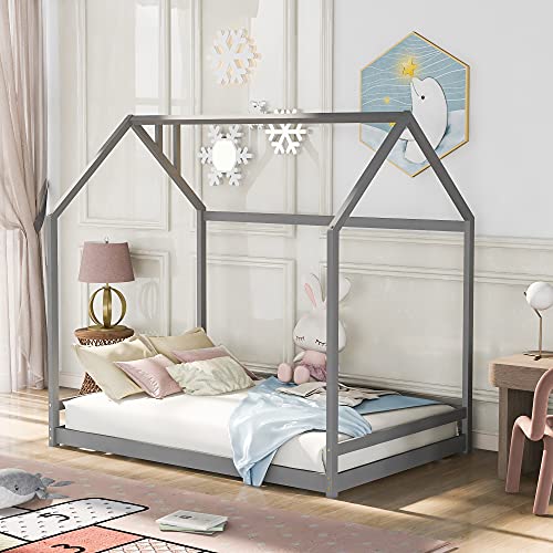 Full Size Wood House Bed, Wooden Bedframe with Roof for Kids, Teens, Boys or Girls, Gray