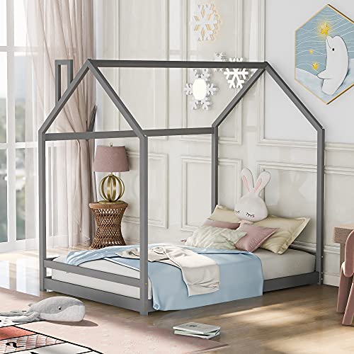 Full Size Wood House Bed, Wooden Bedframe with Roof for Kids, Teens, Boys or Girls, Gray