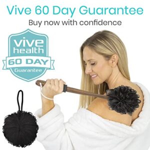 Loofah Back Scrubber by Vive - Long Handled Exfoliating Bath & Shower Body Brush Luffa Sponge On a Stick w/String for Hook - Men & Women (Loofah Brush Dark Wood)