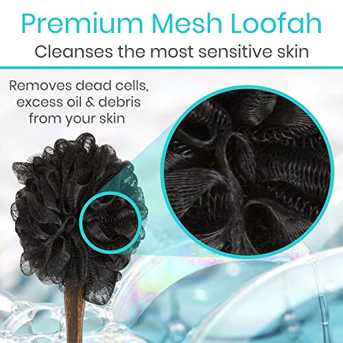 Loofah Back Scrubber by Vive - Long Handled Exfoliating Bath & Shower Body Brush Luffa Sponge On a Stick w/String for Hook - Men & Women (Loofah Brush Dark Wood)