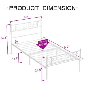 Weehom Twin Size Bed Frame with Headboard No Box Spring Needed Platform Single Bed for Kids, White