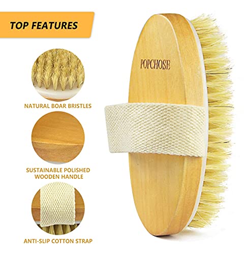 Dry Brushing Body Brush, POPCHOSE Dry Brush, Exfoliating Body Brush, Natural Bristle Shower Brush for Body Flawless Skin, Cellulite Treatment, Lymphatic Drainage, Blood Circulation Improvement