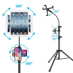 Ipad Tripod Stand,Gooseneck 63-inch Floor Stand for Tablet, iPad Floor Stand with 360° Rotating iPad Tripod Mount for iPhone iPad Mini, iPad Air, iPad Pro and All 4.7 -11.9 Inch Tablet And Phone