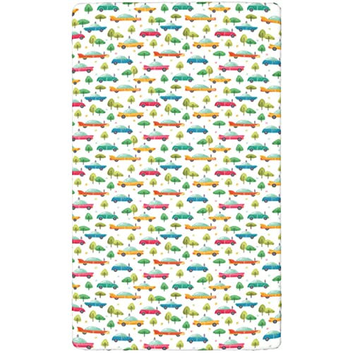 Retro Car Themed Fitted Crib Sheet,Standard Crib Mattress Fitted Sheet Soft & Stretchy Fitted Crib Sheet-Baby Sheet for Boys Girls,28“ x52“,Multicolor