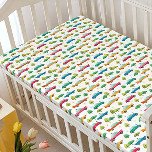 Retro Car Themed Fitted Crib Sheet,Standard Crib Mattress Fitted Sheet Soft & Stretchy Fitted Crib Sheet-Baby Sheet for Boys Girls,28“ x52“,Multicolor