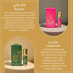 Dukhni Attar Oil Set | العطار العربي | Authentic Arabic Fragrance Oils | 100% Pure, Alcohol-Free Halal Blends | Amaani, Ameerah, Hayati, Ambar, Ambar Oud, White Musk - 6ml each