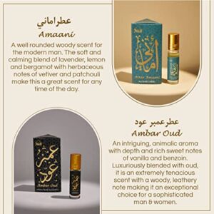 Dukhni Attar Oil Set | العطار العربي | Authentic Arabic Fragrance Oils | 100% Pure, Alcohol-Free Halal Blends | Amaani, Ameerah, Hayati, Ambar, Ambar Oud, White Musk - 6ml each