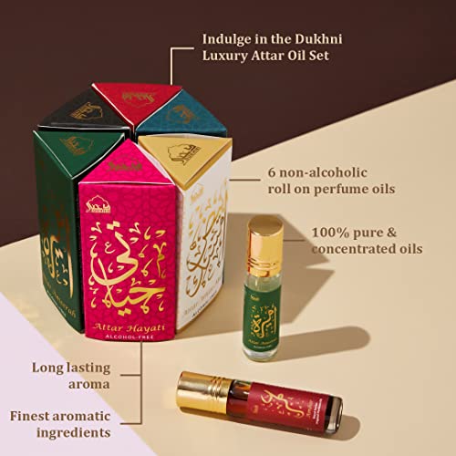 Dukhni Attar Oil Set | العطار العربي | Authentic Arabic Fragrance Oils | 100% Pure, Alcohol-Free Halal Blends | Amaani, Ameerah, Hayati, Ambar, Ambar Oud, White Musk - 6ml each