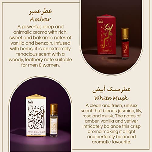 Dukhni Attar Oil Set | العطار العربي | Authentic Arabic Fragrance Oils | 100% Pure, Alcohol-Free Halal Blends | Amaani, Ameerah, Hayati, Ambar, Ambar Oud, White Musk - 6ml each