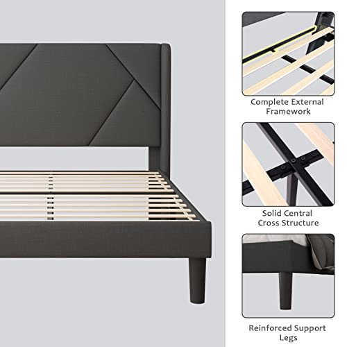 iPormis Queen Size Modern Wingback Bed Frame, Geometric Upholstered Platform Bed with 24" Headboard, 8" Storage Space, Wood Slats Support, No Box Spring Needed, Dark Grey