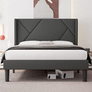ipormis queen size modern wingback bed frame, geometric upholstered platform bed with 24" headboard, 8" storage space, wood slats support, no box spring needed, dark grey
