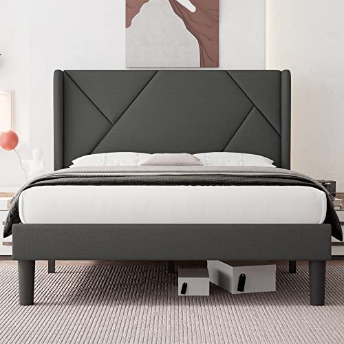 iPormis Queen Size Modern Wingback Bed Frame, Geometric Upholstered Platform Bed with 24" Headboard, 8" Storage Space, Wood Slats Support, No Box Spring Needed, Dark Grey