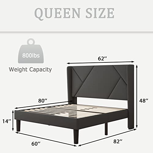 iPormis Queen Size Modern Wingback Bed Frame, Geometric Upholstered Platform Bed with 24" Headboard, 8" Storage Space, Wood Slats Support, No Box Spring Needed, Dark Grey