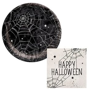 Spider Web Halloween Themed Party Supplies - Bundle Includes Paper Plates and Napkins for 20 Guests