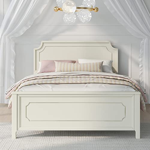 Harper & Bright Designs Queen Size Platform Bed with Headboard and Footboard, Rubber Wood Queen Bed Frame with Sturdy Slat for Bedroom, No Box Spring Need, Easy Assembly (Ivory White)