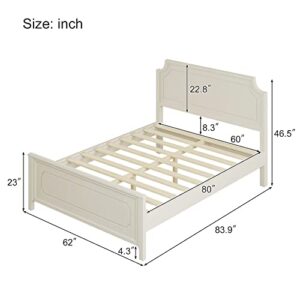 Harper & Bright Designs Queen Size Platform Bed with Headboard and Footboard, Rubber Wood Queen Bed Frame with Sturdy Slat for Bedroom, No Box Spring Need, Easy Assembly (Ivory White)