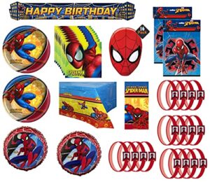 spiderman super hero birthday party supplies bundle pack for 16 includes dessert plates, napkins, table cover, happy birthday banner, paper masks, favor loot bags, favor bracelets, mylar - 84 pieces